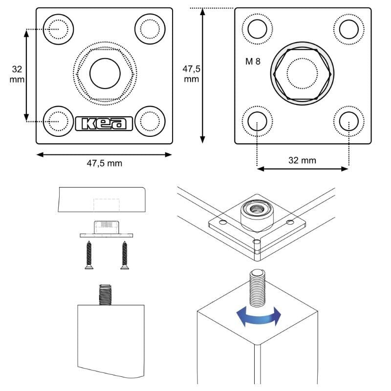 keturkampe-plokstele-su-ivore-stalo-kojos-tvirtinimui-4-1 QUADRANGULAR PLATE WITH BUSHING FOR TABLE LEG FASTENING